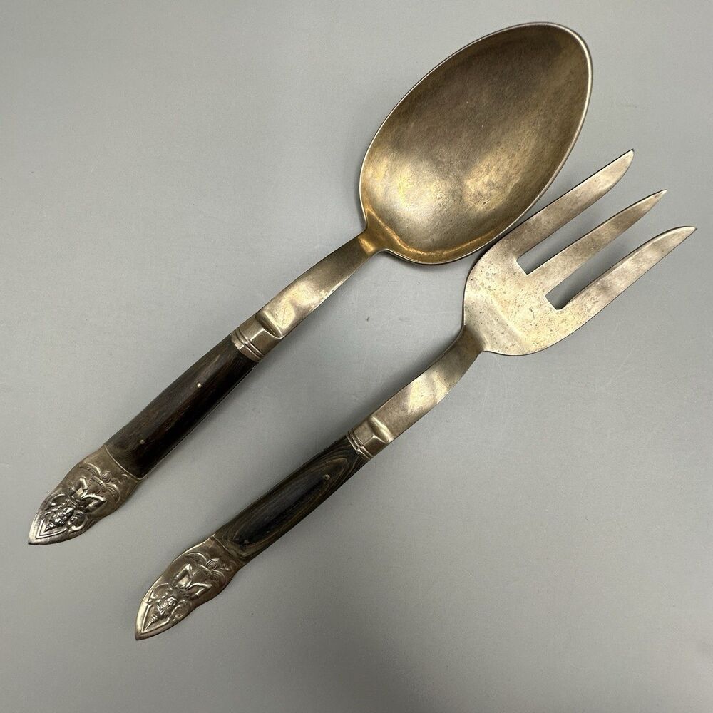 Vintage Siam Thailand Bronze Large Salad Servers Thai Goddess Wood Handles 9,5”